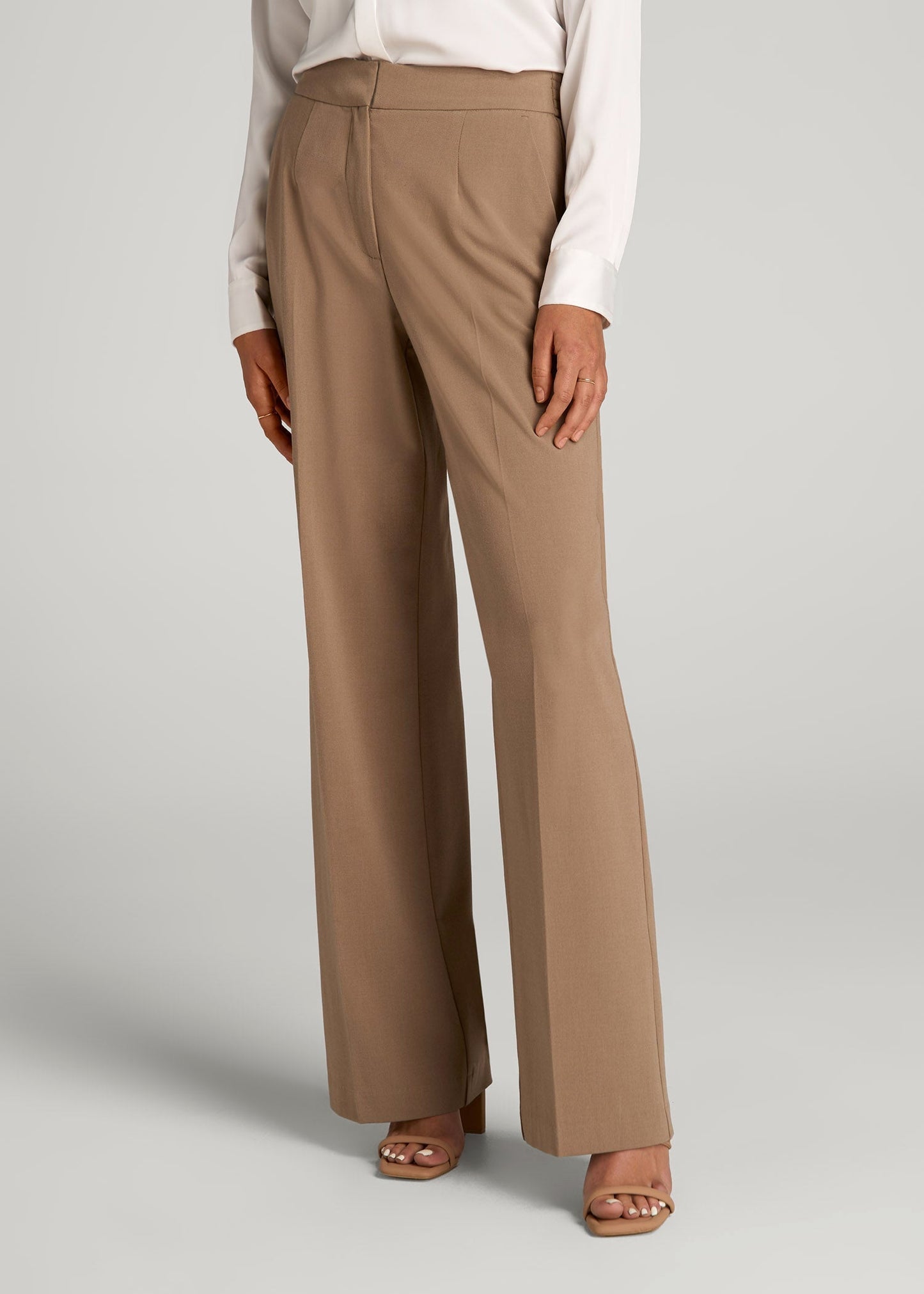 American Tall Women Flat Front Wide Leg Dress Pants for Tall Women in Fawn
