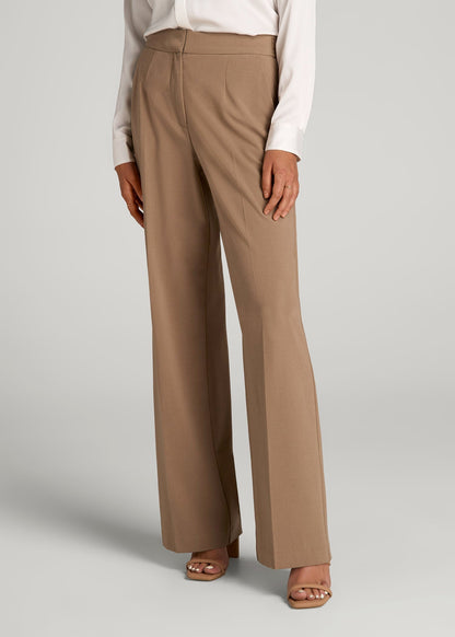 American Tall Women Flat Front Wide Leg Dress Pants for Tall Women in Fawn