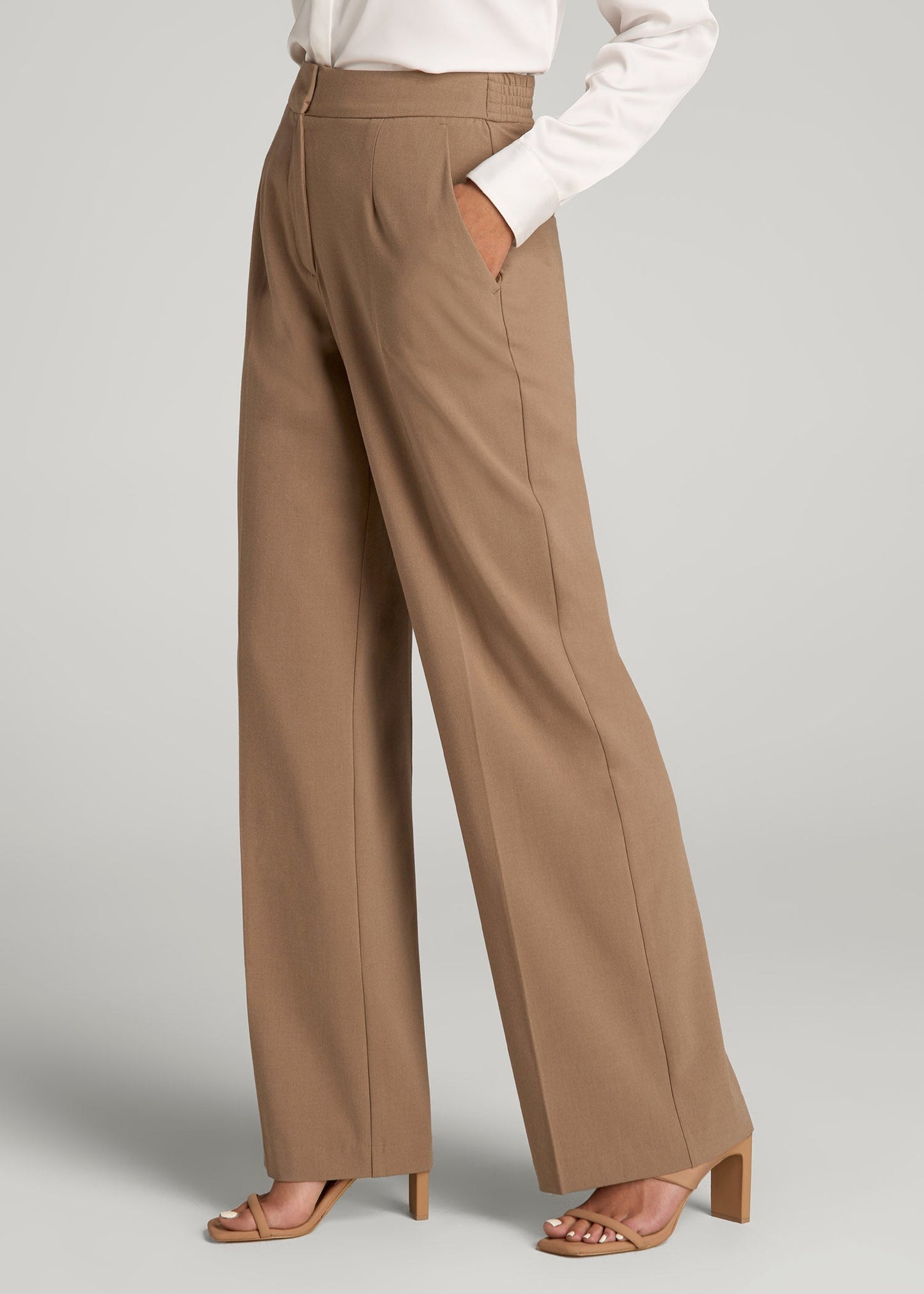 American Tall Women Flat Front Wide Leg Dress Pants for Tall Women in Fawn