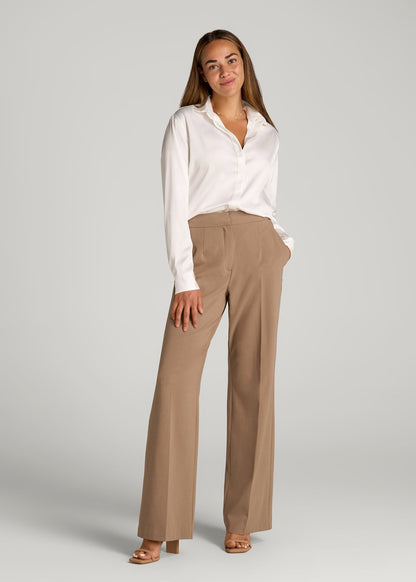 American Tall Women Flat Front Wide Leg Dress Pants for Tall Women in Fawn