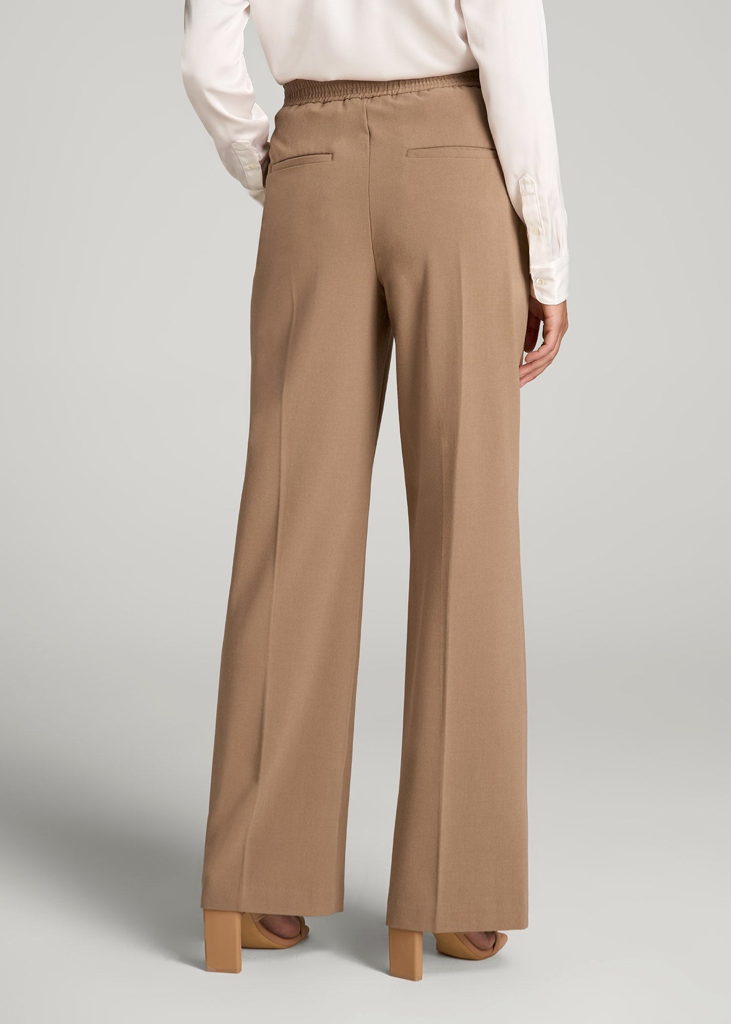 American Tall Women Flat Front Wide Leg Dress Pants for Tall Women in Fawn