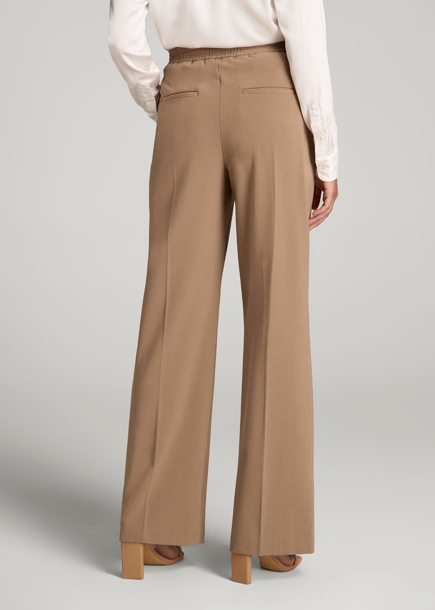 American Tall Women Flat Front Wide Leg Dress Pants for Tall Women in Fawn