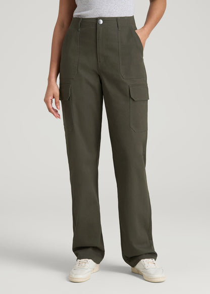 American Tall Women Straight Leg Cargo Chino Pants for Tall Women in Dark Moss Green