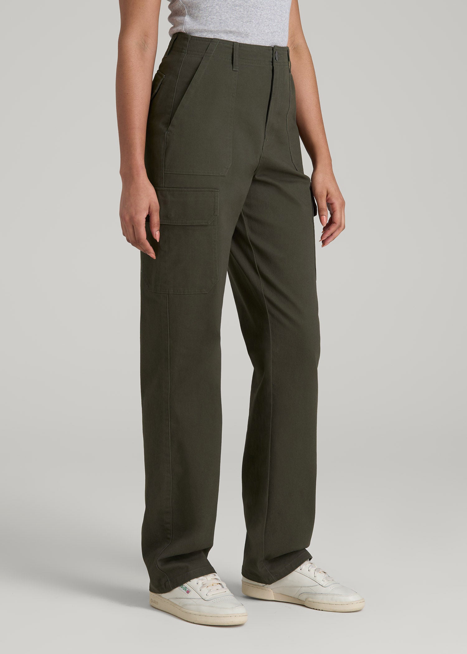American Tall Women Straight Leg Cargo Chino Pants for Tall Women in Dark Moss Green