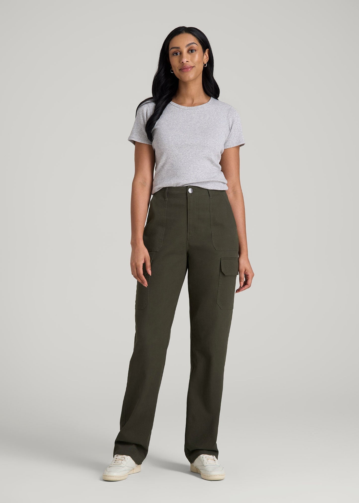 American Tall Women Straight Leg Cargo Chino Pants for Tall Women in Dark Moss Green