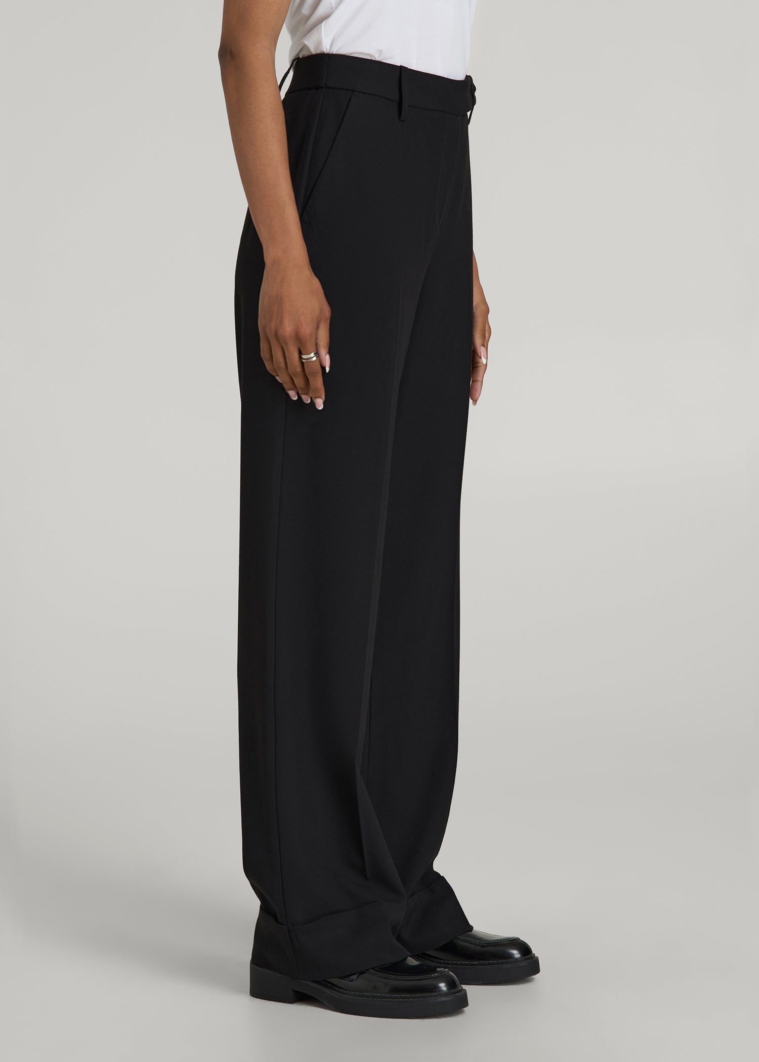 American Tall Women Wide-Leg Cuffed Pants for Tall Women in Black