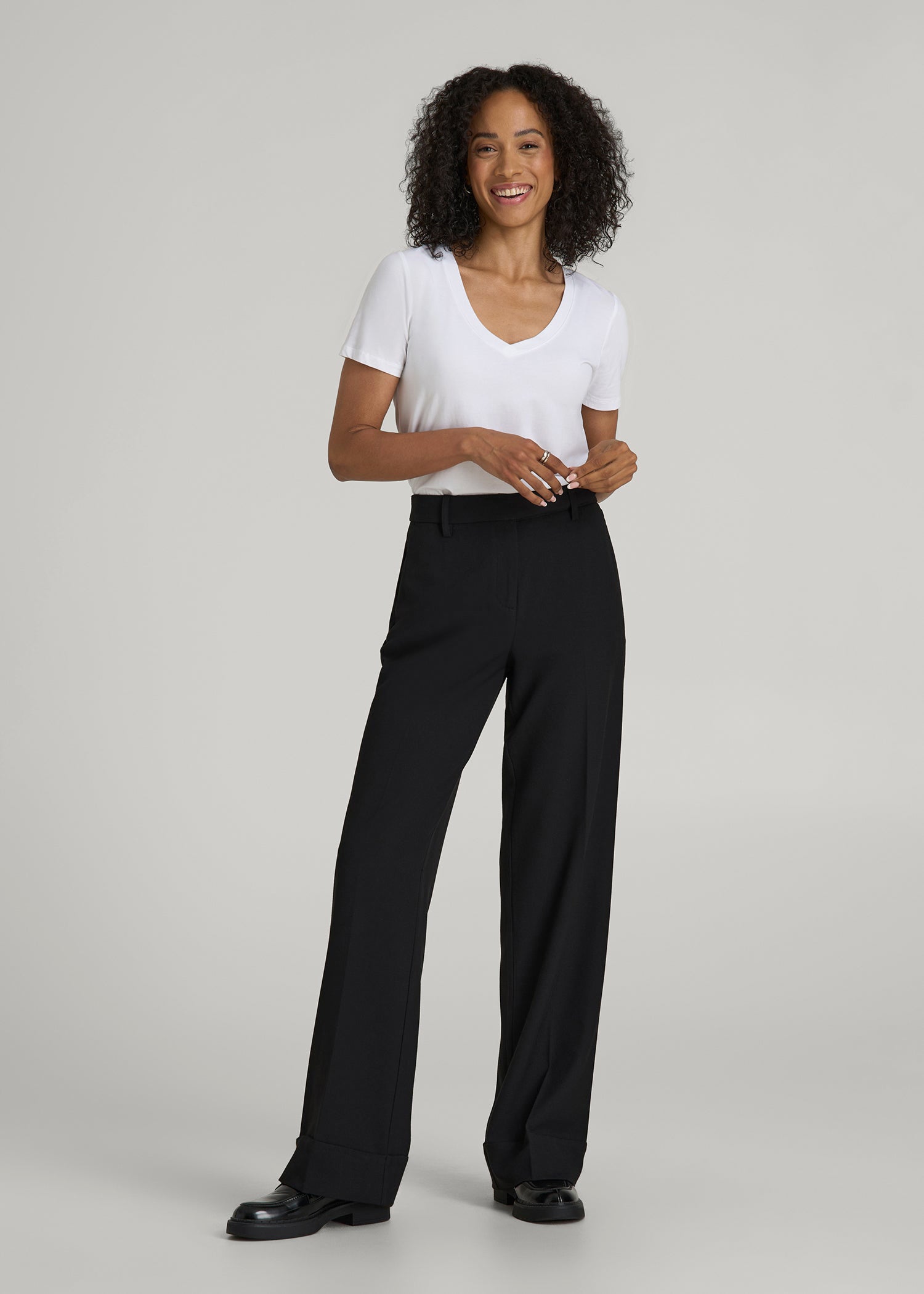 American Tall Women Wide-Leg Cuffed Pants for Tall Women in Black