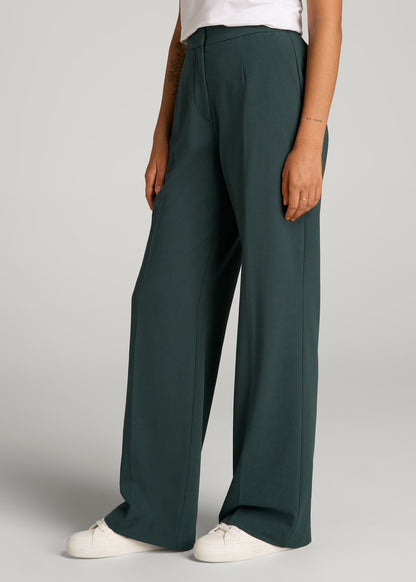 American Tall Women Flat Front Wide Leg Dress Pants for Tall Women in Smoky Pine