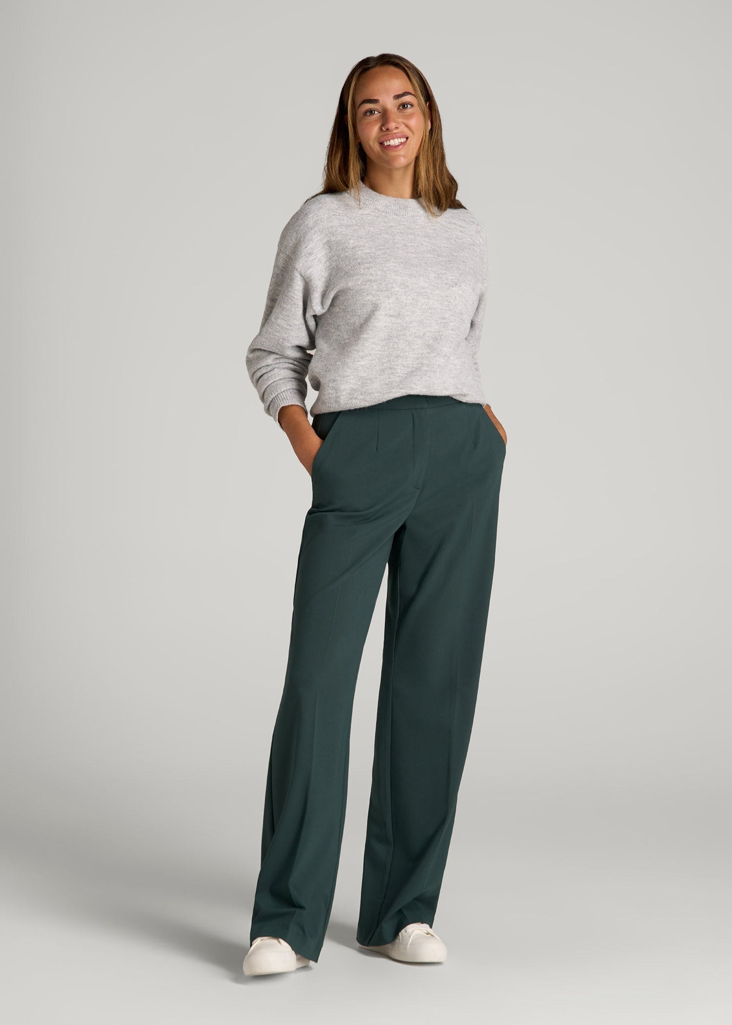 American Tall Women Flat Front Wide Leg Dress Pants for Tall Women in Smoky Pine