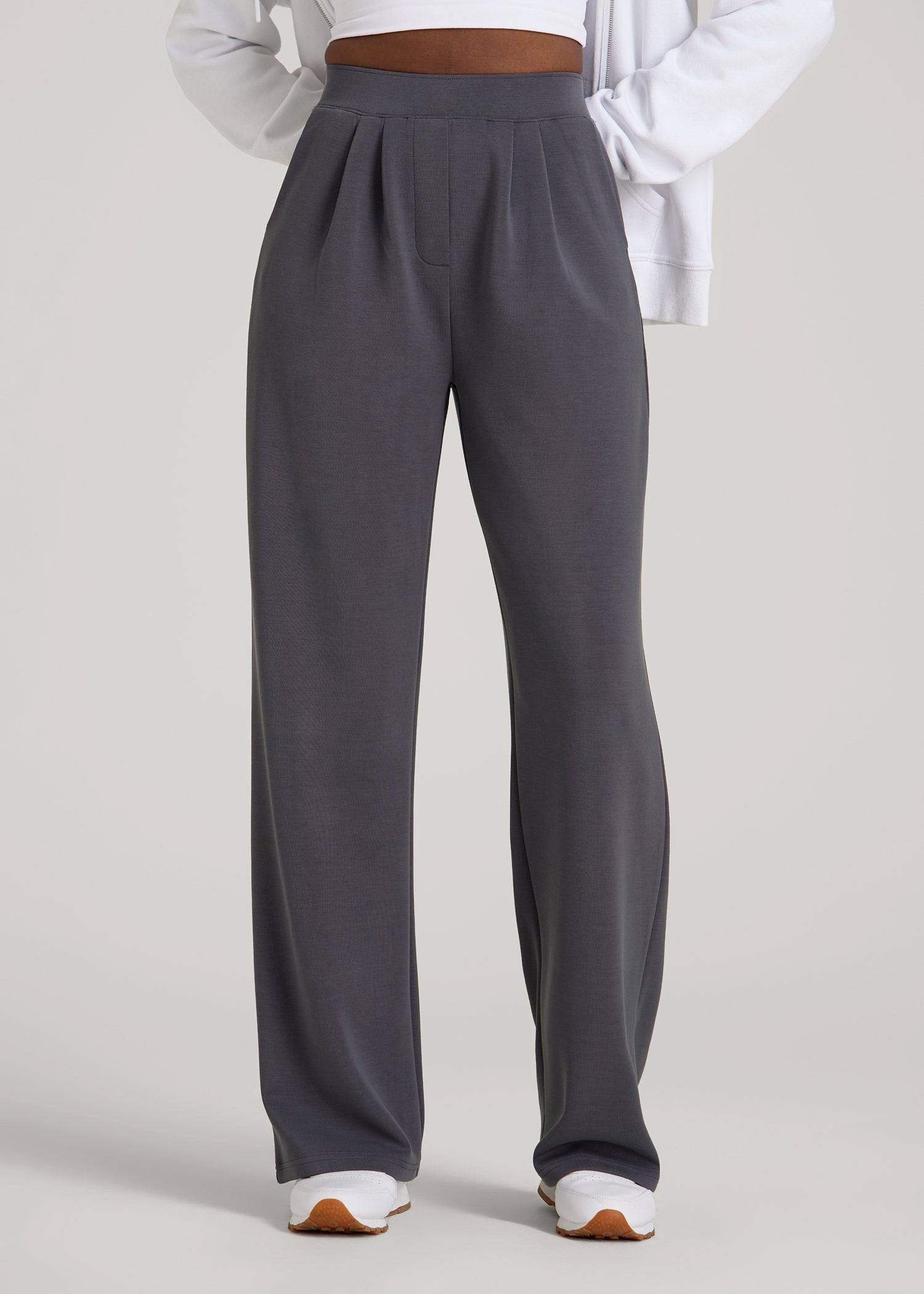 American Tall Women Soft Motion Pleated Wide Leg Pant for Tall Women in Charcoal Rinse
