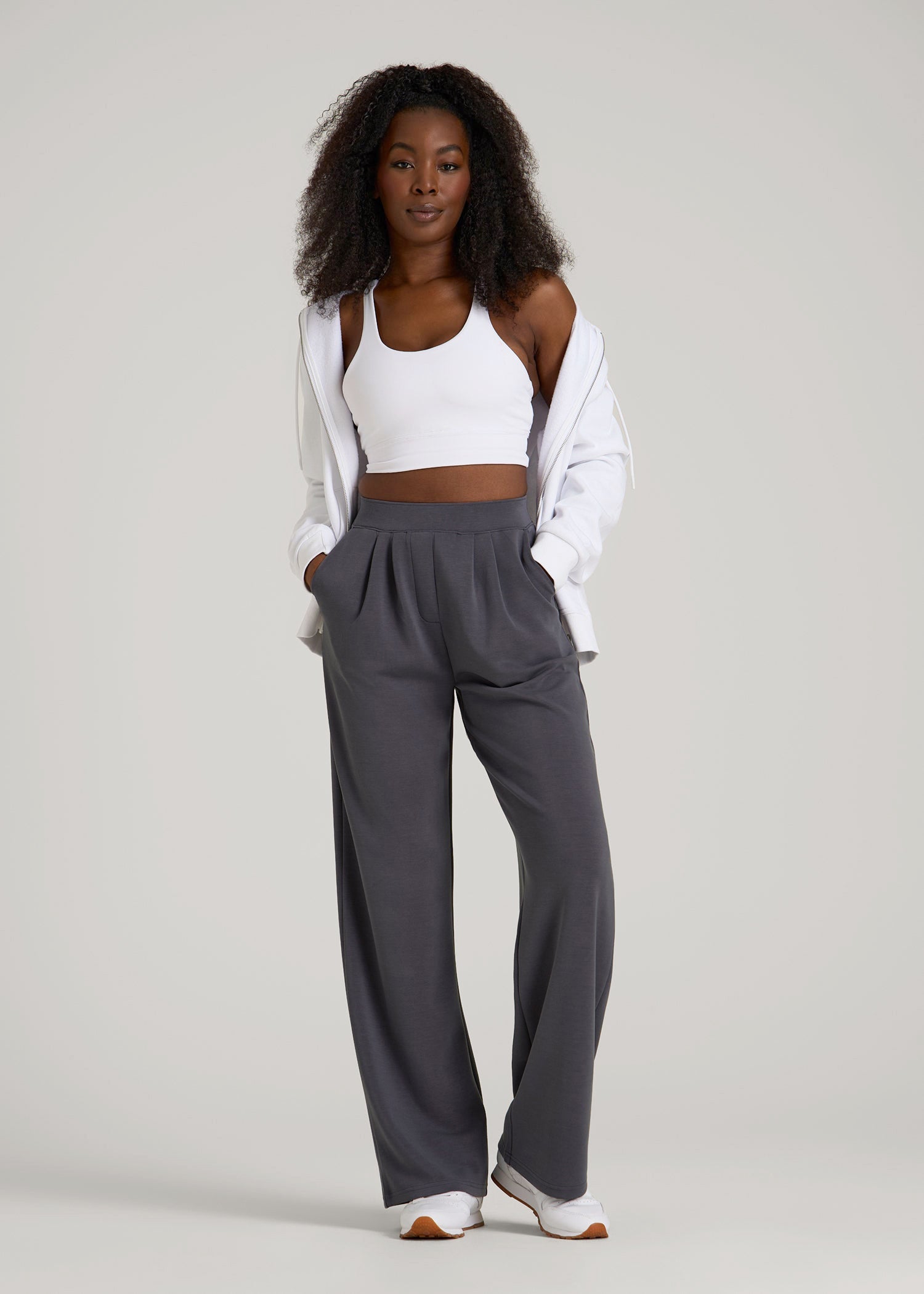 American Tall Women Soft Motion Pleated Wide Leg Pant for Tall Women in Charcoal Rinse