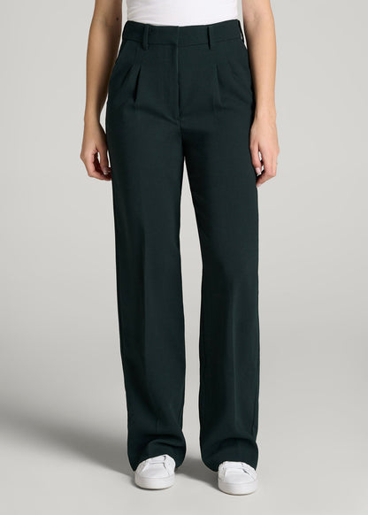 American Tall Women Pleated WIDE Leg Dress Pants for Tall Women in Midnight Green