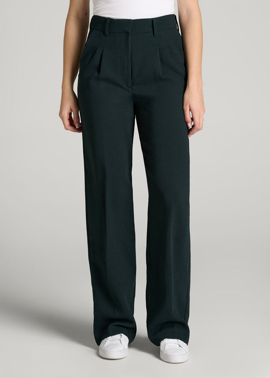 American Tall Women Pleated WIDE Leg Dress Pants for Tall Women in Midnight Green