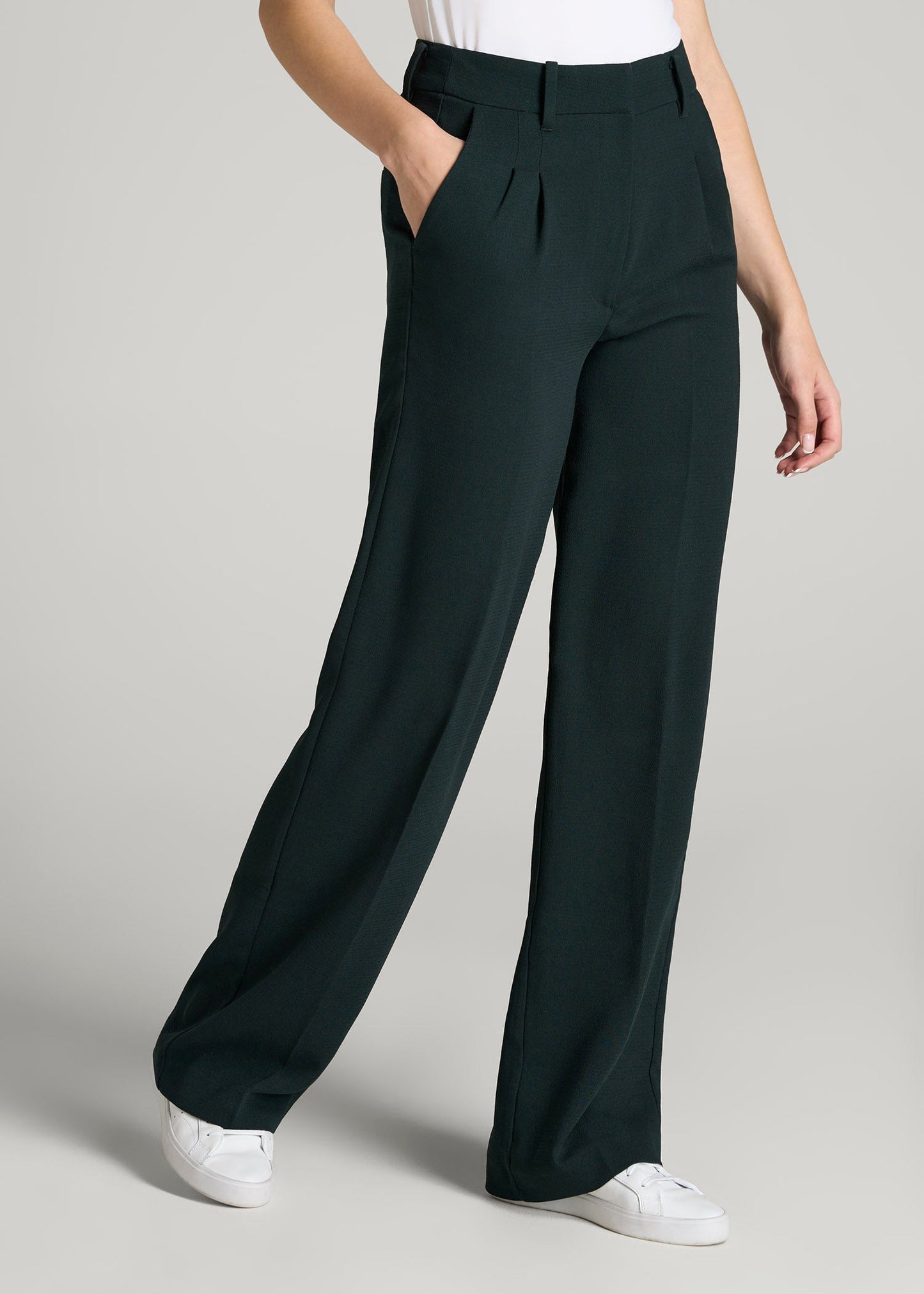 American Tall Women Pleated WIDE Leg Dress Pants for Tall Women in Midnight Green