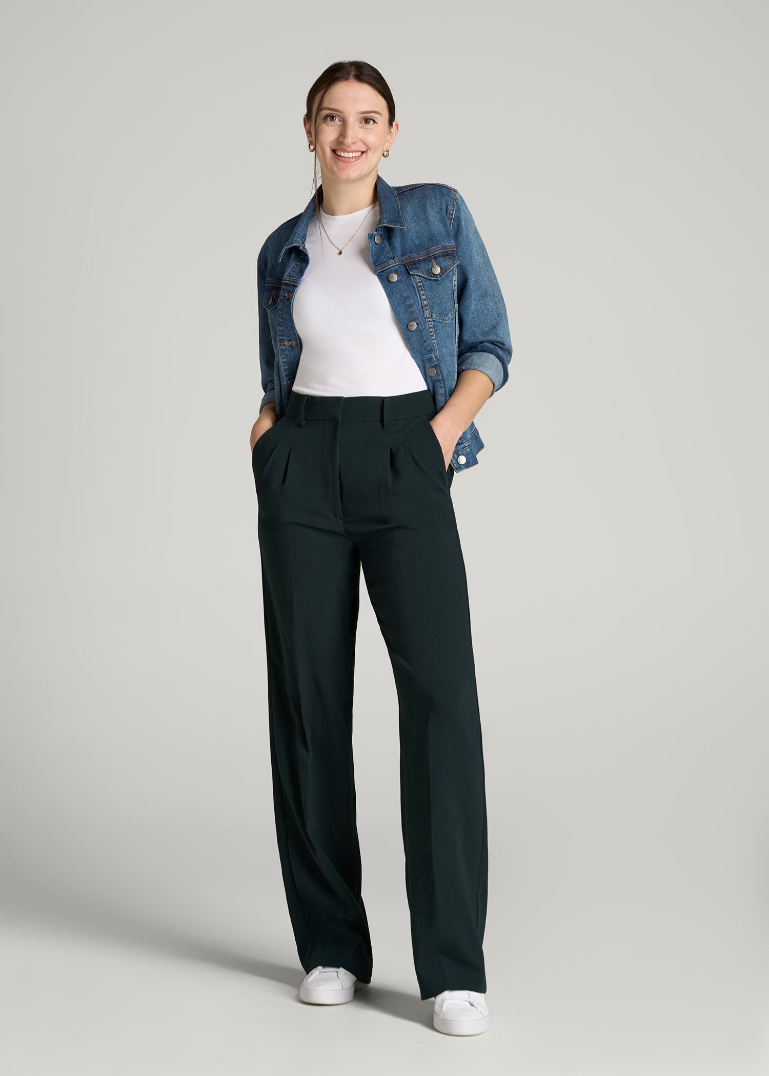 American Tall Women Pleated WIDE Leg Dress Pants for Tall Women in Midnight Green