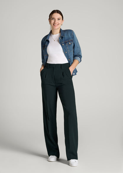 American Tall Women Pleated WIDE Leg Dress Pants for Tall Women in Midnight Green