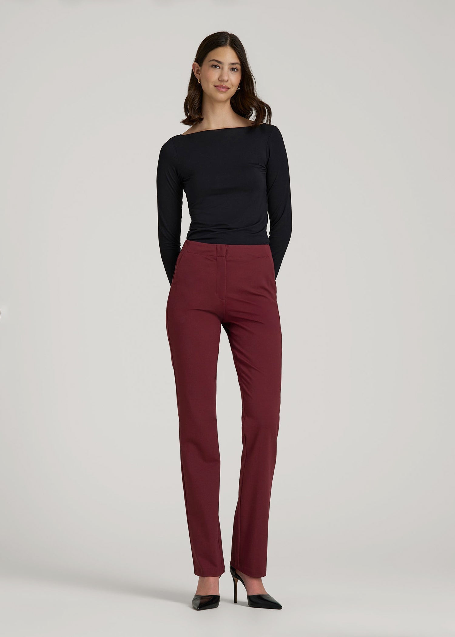 American Tall Women Freedom Flex Slim Straight Leg Dress Pants for Tall Women in Tawny Port