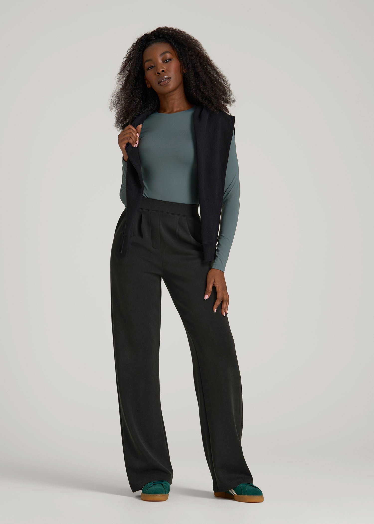 American Tall Women Soft Motion Pleated Wide Leg Pant for Tall Women in Black