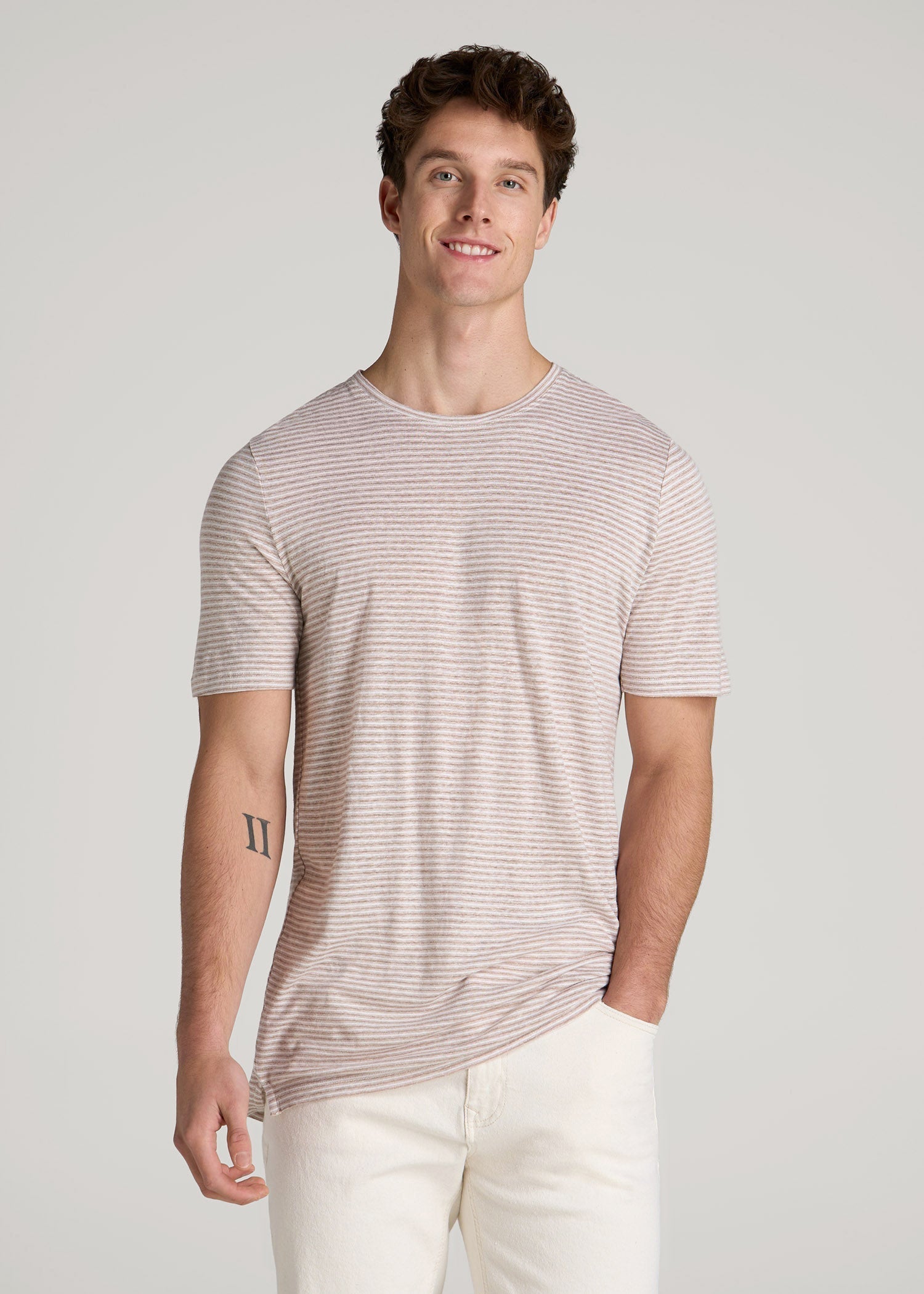 American Tall Men Linen Crewneck T-Shirt for Tall Men in Beige and White Stripe