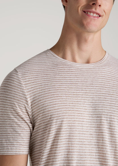 American Tall Men Linen Crewneck T-Shirt for Tall Men in Beige and White Stripe