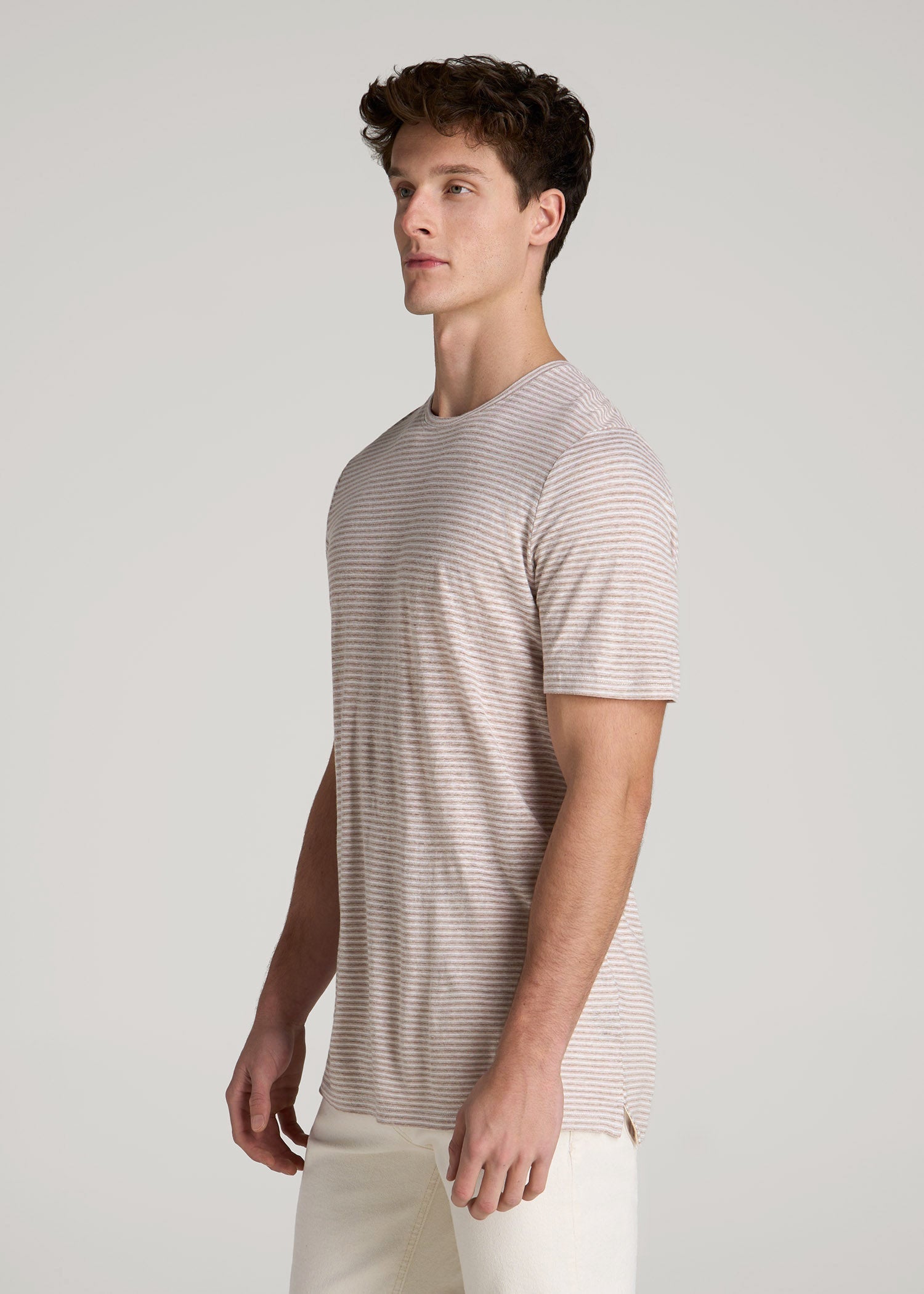 American Tall Men Linen Crewneck T-Shirt for Tall Men in Beige and White Stripe
