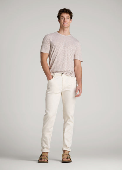 American Tall Men Linen Crewneck T-Shirt for Tall Men in Beige and White Stripe
