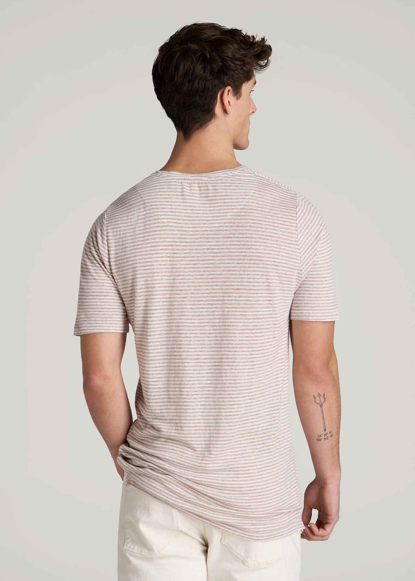 American Tall Men Linen Crewneck T-Shirt for Tall Men in Beige and White Stripe