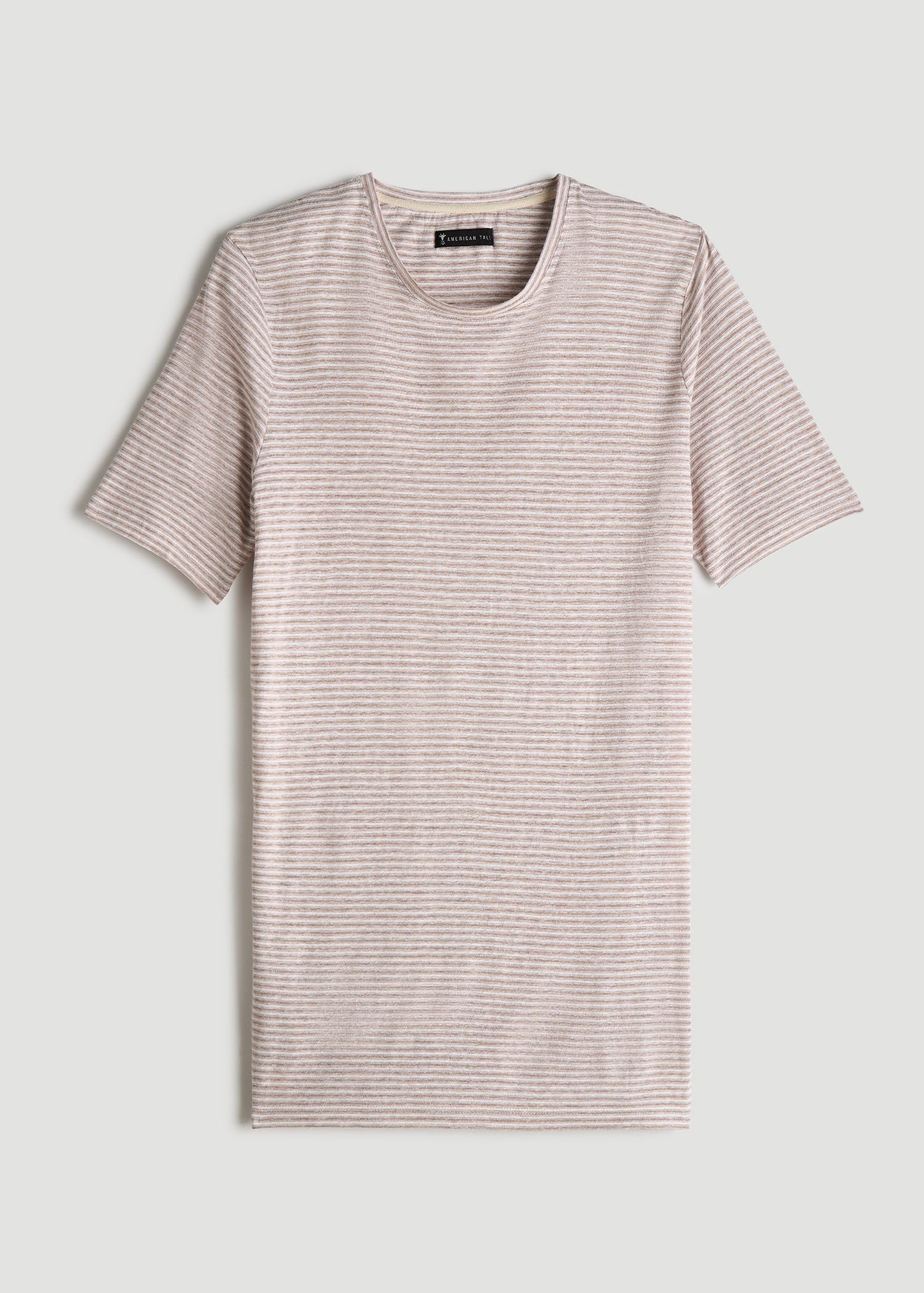 American Tall Men Linen Crewneck T-Shirt for Tall Men in Beige and White Stripe