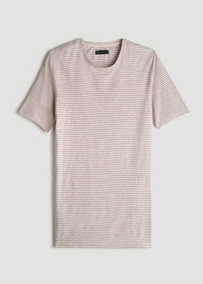 American Tall Men Linen Crewneck T-Shirt for Tall Men in Beige and White Stripe