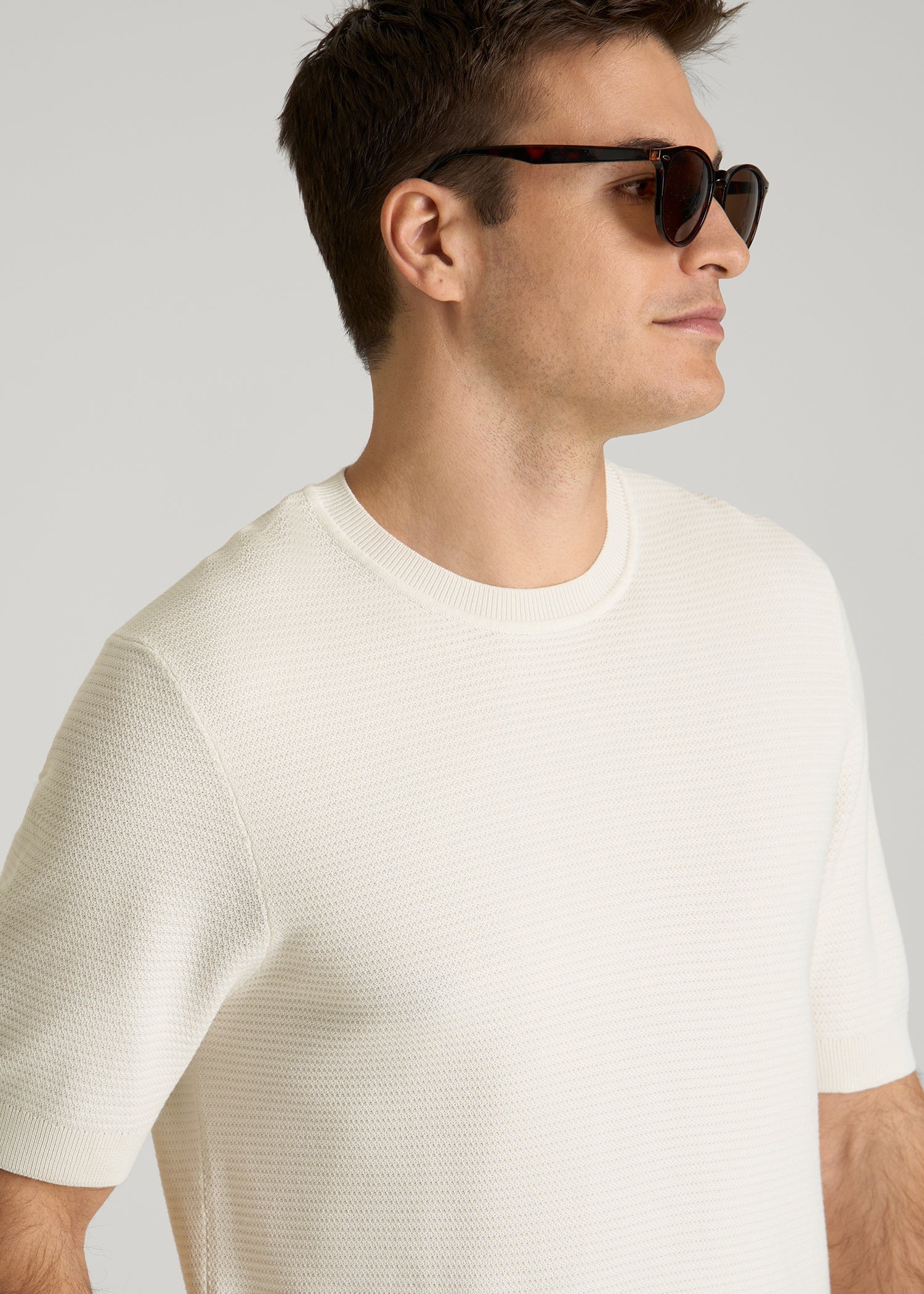 American Tall Men Braided Knit T-Shirt for Tall Men in Ecru