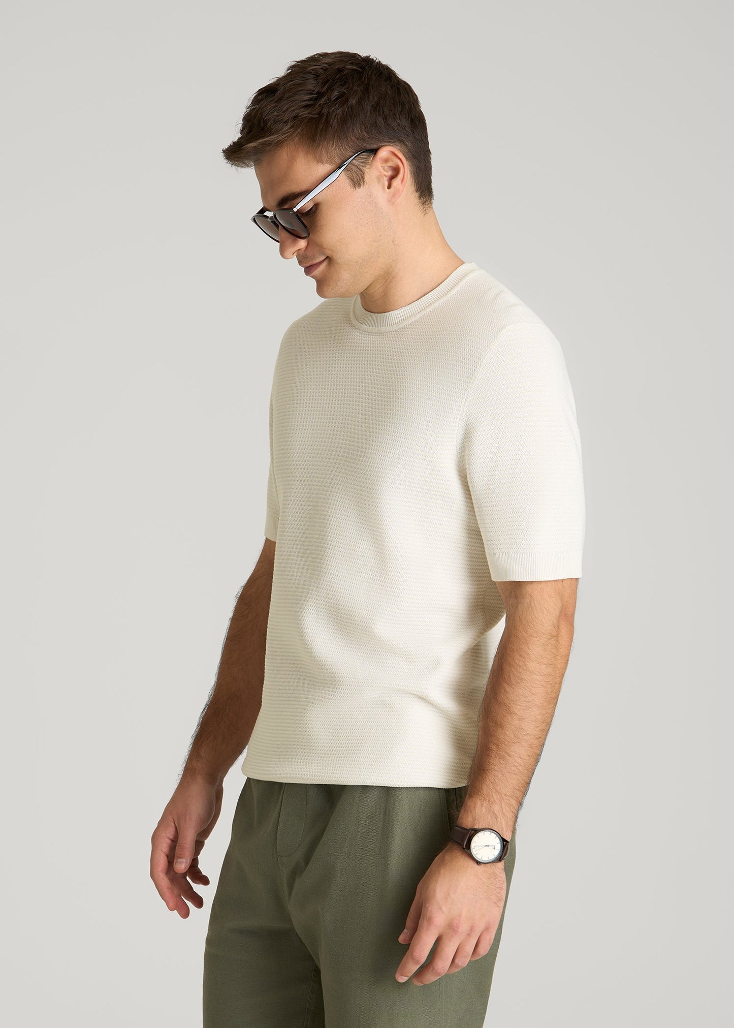 American Tall Men Braided Knit T-Shirt for Tall Men in Ecru