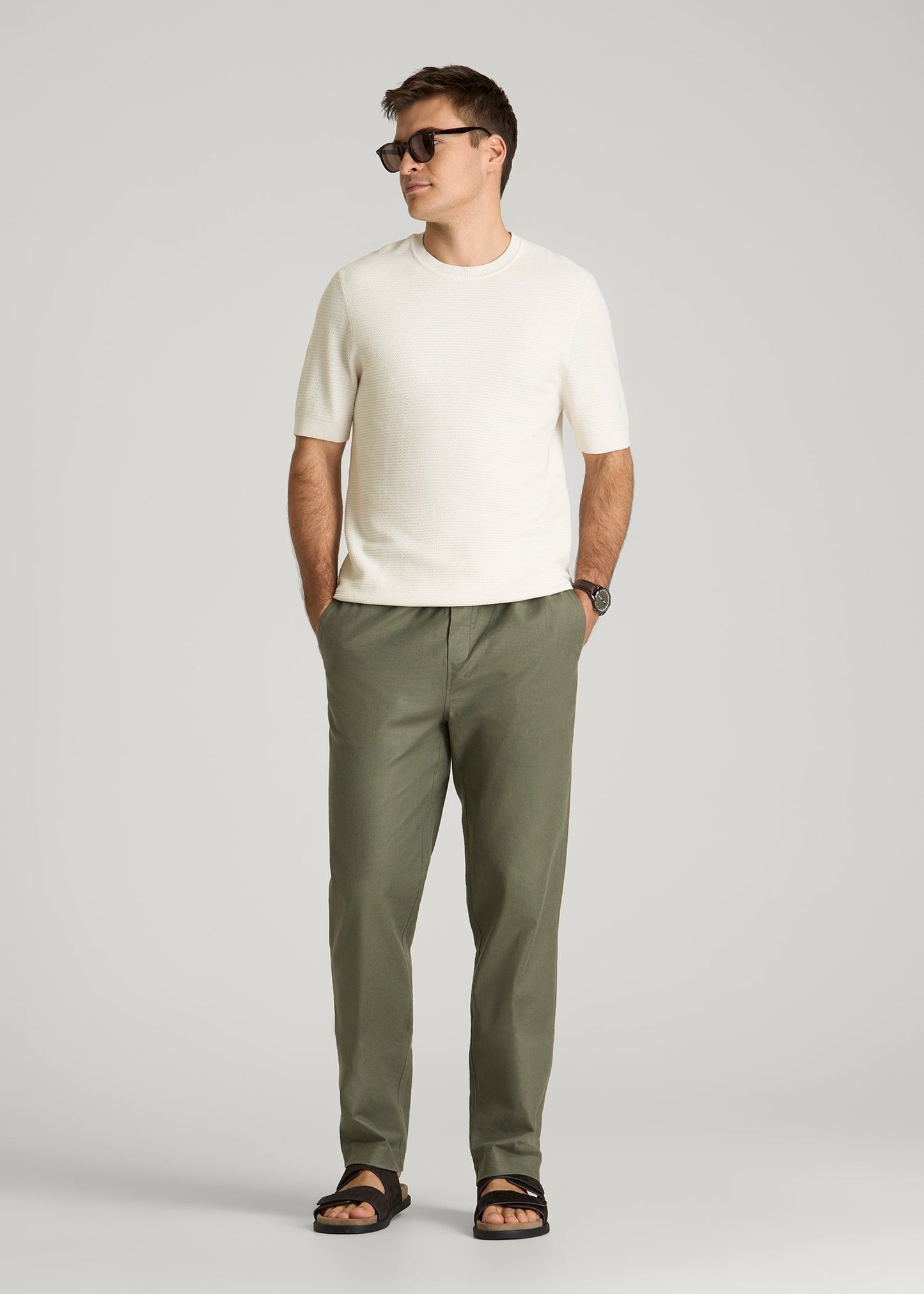American Tall Men Braided Knit T-Shirt for Tall Men in Ecru