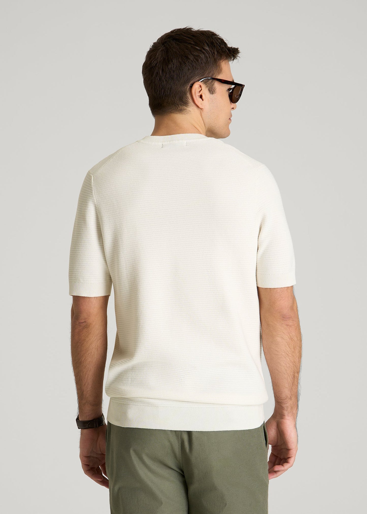 American Tall Men Braided Knit T-Shirt for Tall Men in Ecru