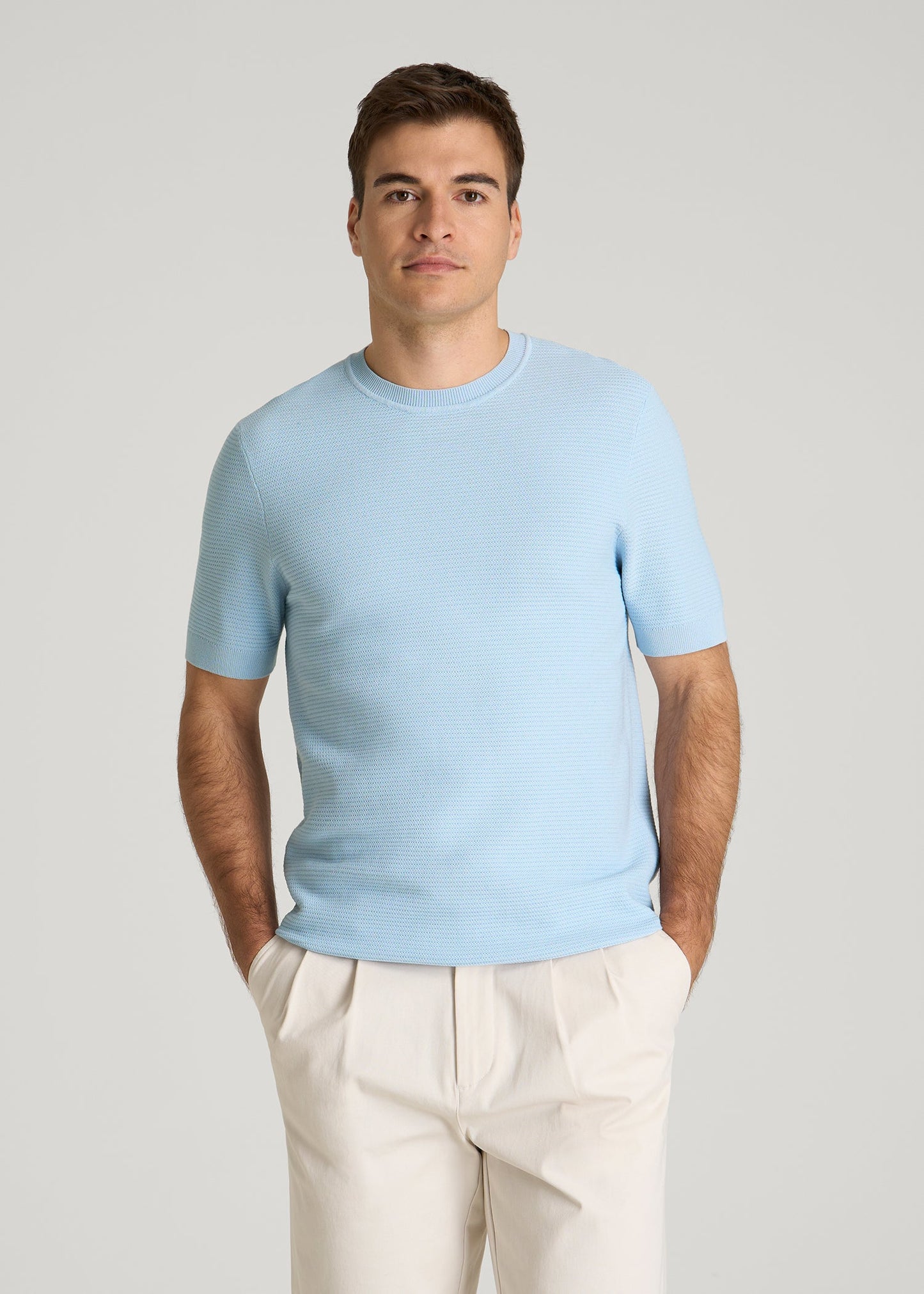 American Tall Men Braided Knit T-Shirt for Tall Men in Ice Blue