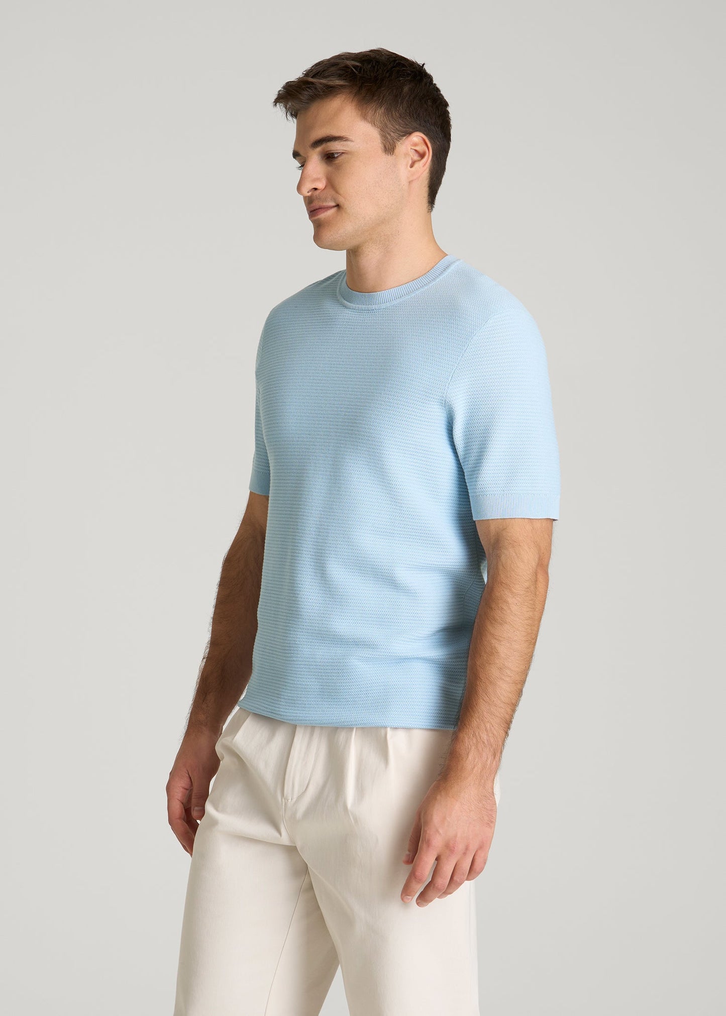 American Tall Men Braided Knit T-Shirt for Tall Men in Ice Blue