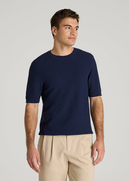 American Tall Men Braided Knit T-Shirt for Tall Men in Navy Blue