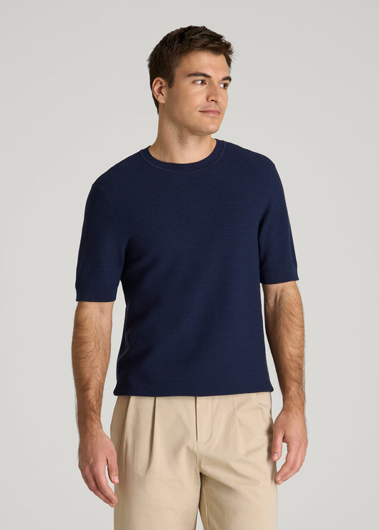 American Tall Men Braided Knit T-Shirt for Tall Men in Navy Blue