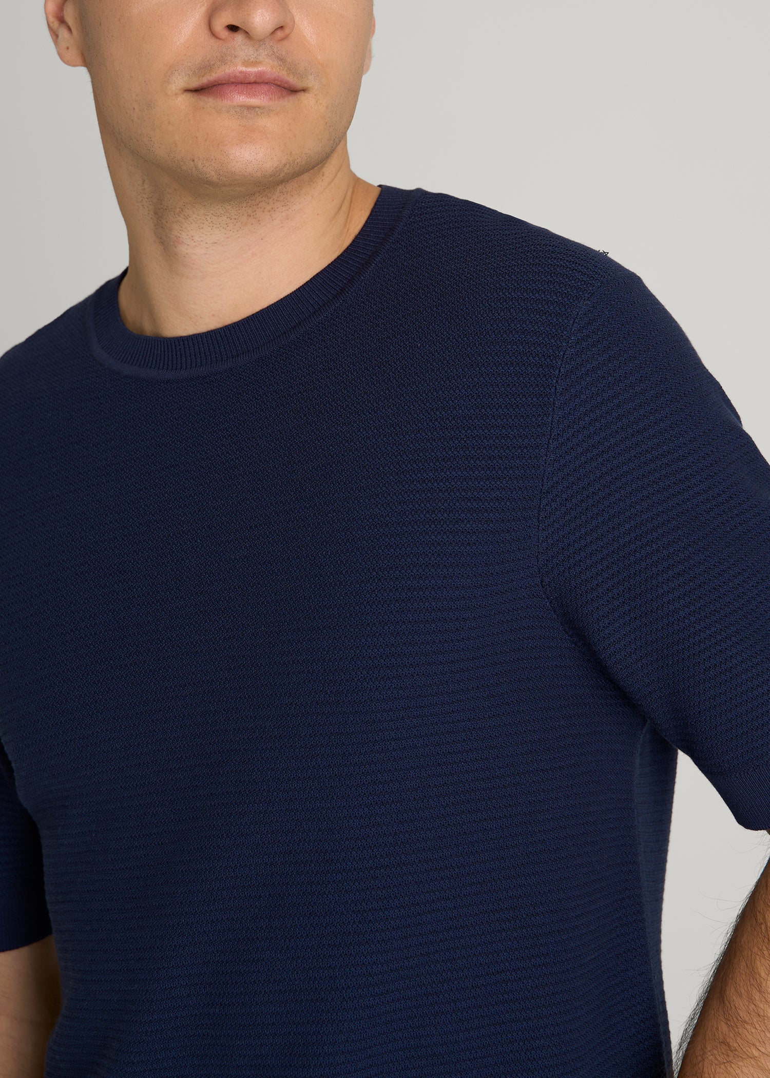 American Tall Men Braided Knit T-Shirt for Tall Men in Navy Blue