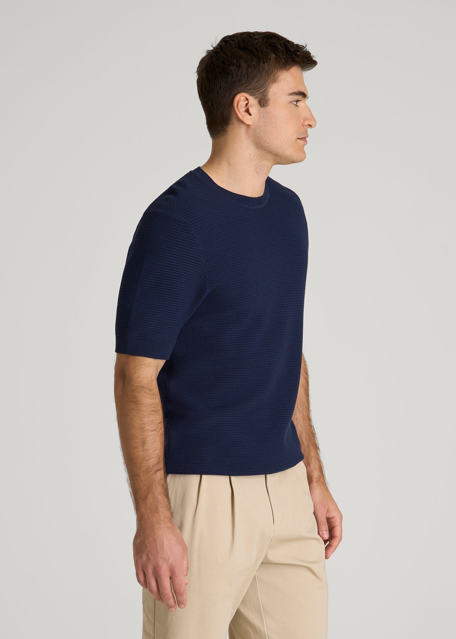 American Tall Men Braided Knit T-Shirt for Tall Men in Navy Blue