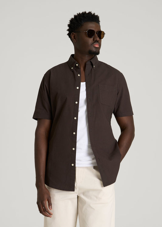 American Tall Men Short Sleeve Oxford Button Shirt for Tall Men in Espresso