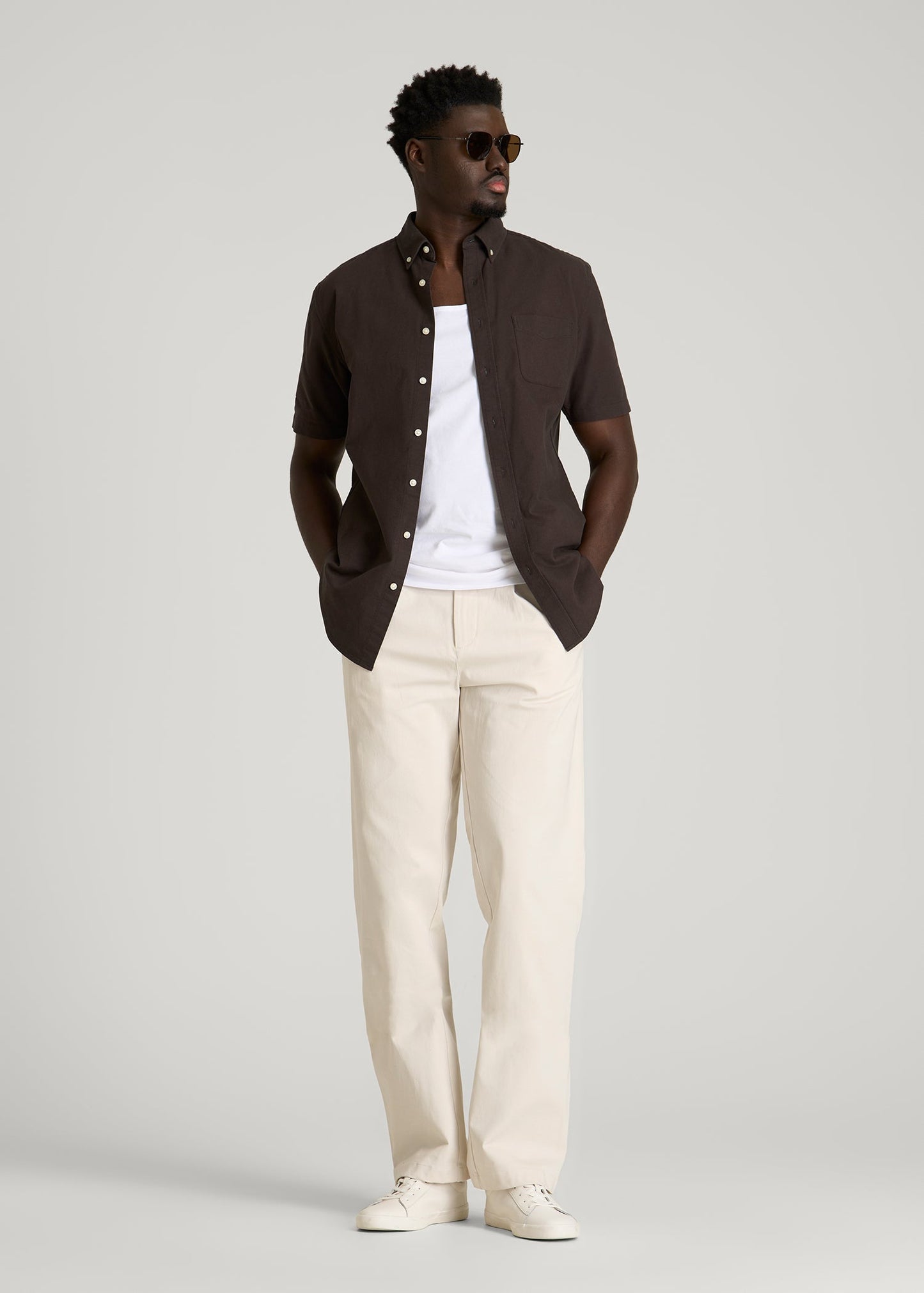 American Tall Men Short Sleeve Oxford Button Shirt for Tall Men in Espresso