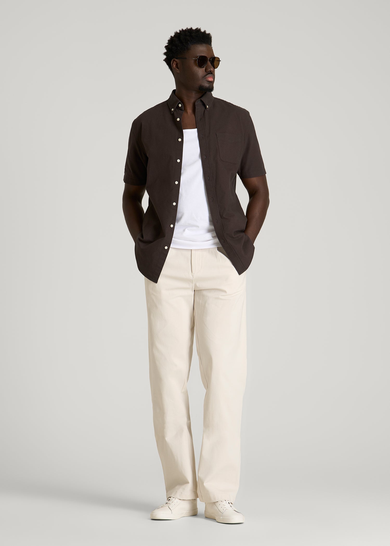American Tall Men Short Sleeve Oxford Button Shirt for Tall Men in Espresso