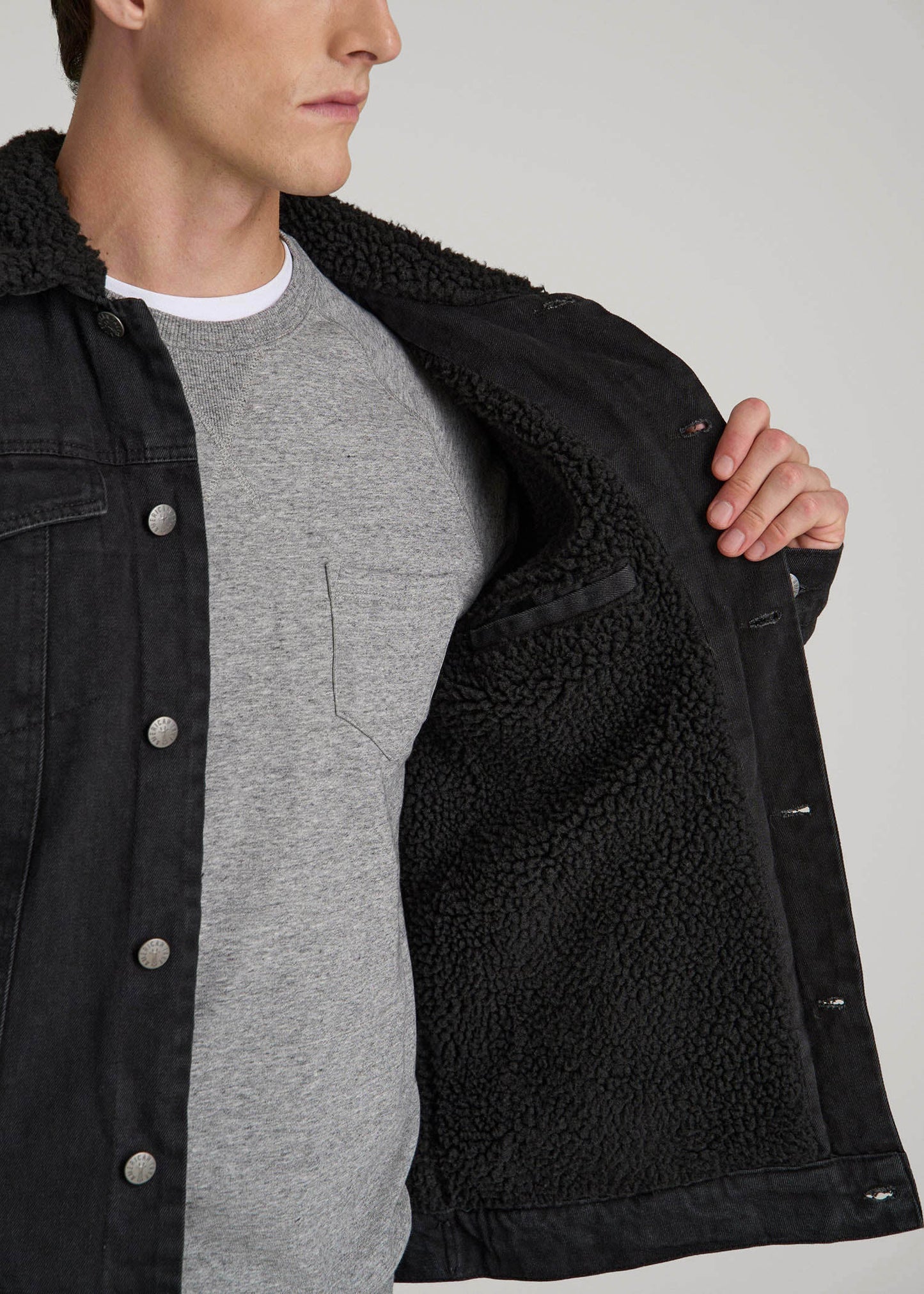 American Tall Men Denim Sherpa Jacket for Tall Men in Onyx Black Wash