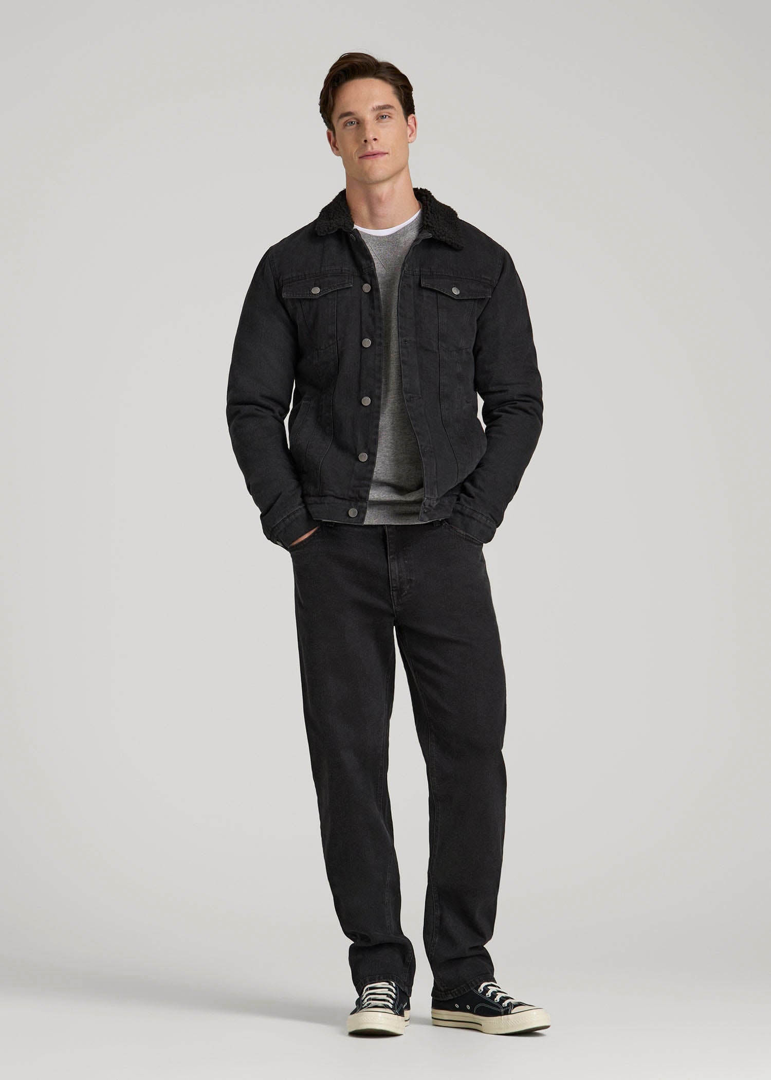 American Tall Men Denim Sherpa Jacket for Tall Men in Onyx Black Wash