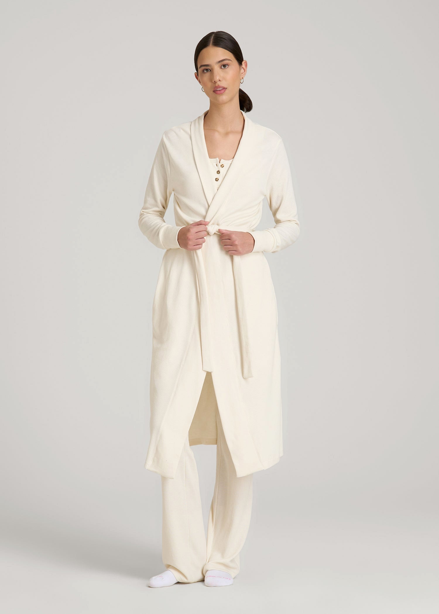 American Tall Women Waffle Lounge Robe for Tall Women in White Alyssum