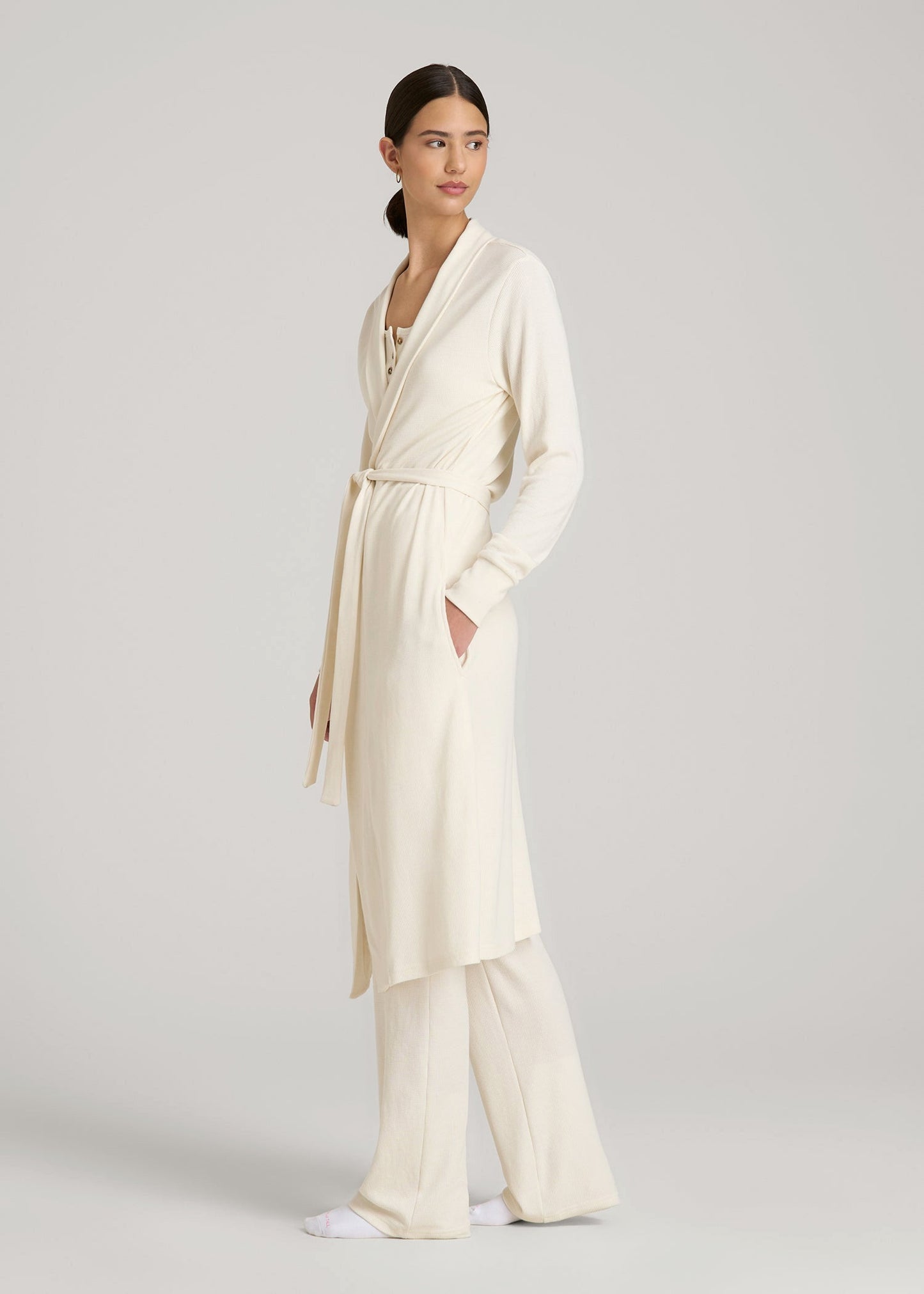 American Tall Women Waffle Lounge Robe for Tall Women in White Alyssum
