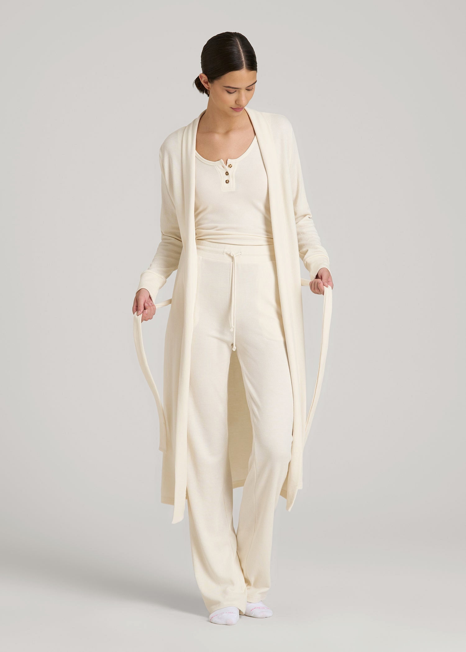 American Tall Women Waffle Lounge Robe for Tall Women in White Alyssum