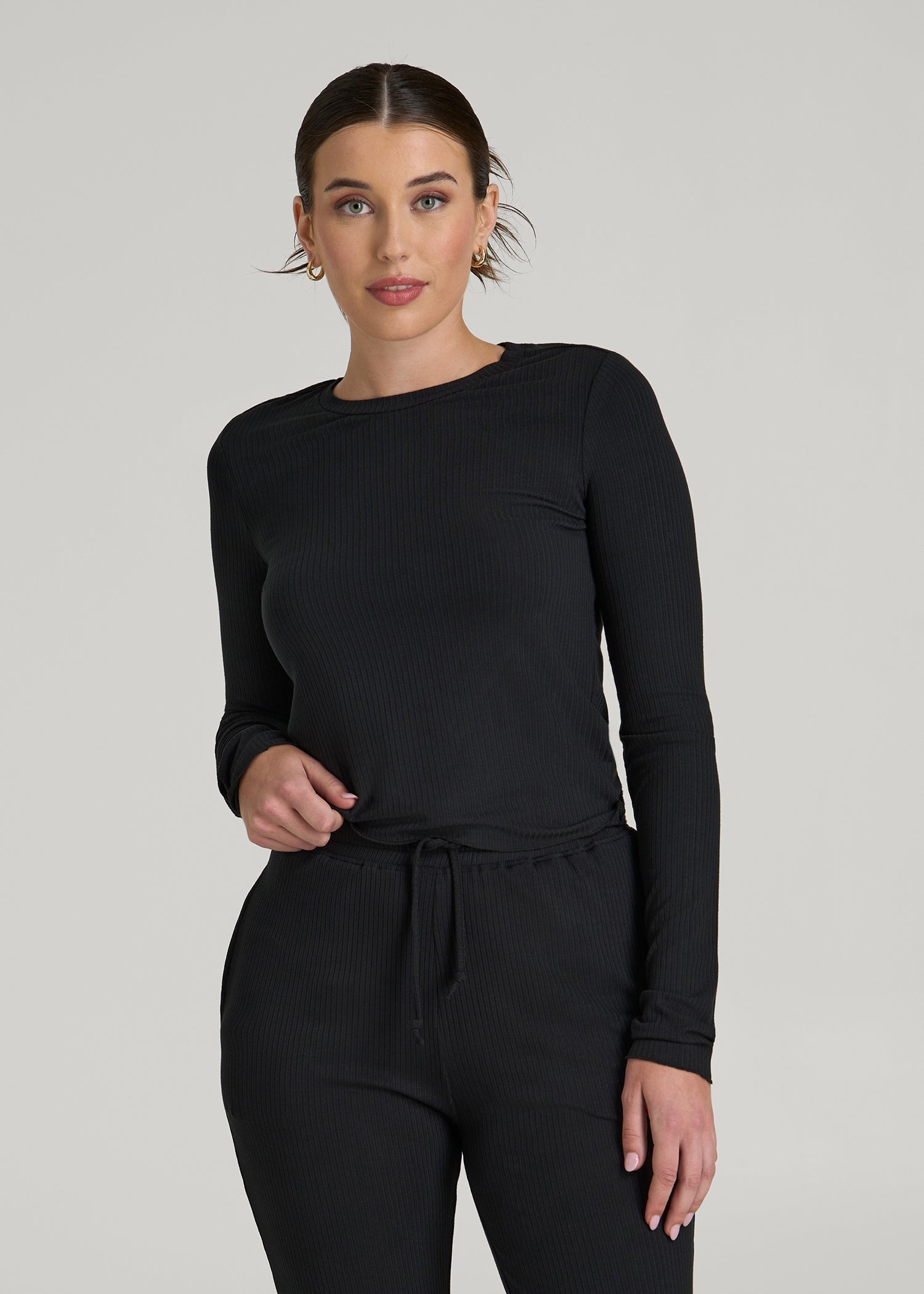 American Tall Women Lightweight Ribbed Cropped Lounge Shirt for Tall Women in Black