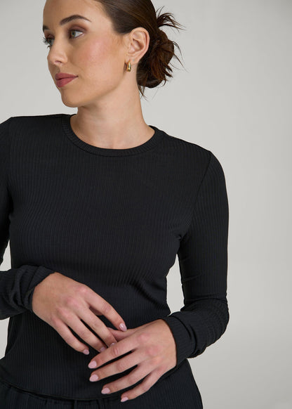 American Tall Women Lightweight Ribbed Cropped Lounge Shirt for Tall Women in Black