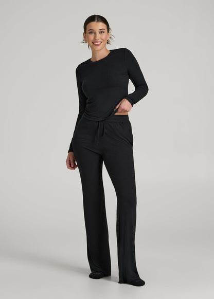 American Tall Women Lightweight Ribbed Cropped Lounge Shirt for Tall Women in Black